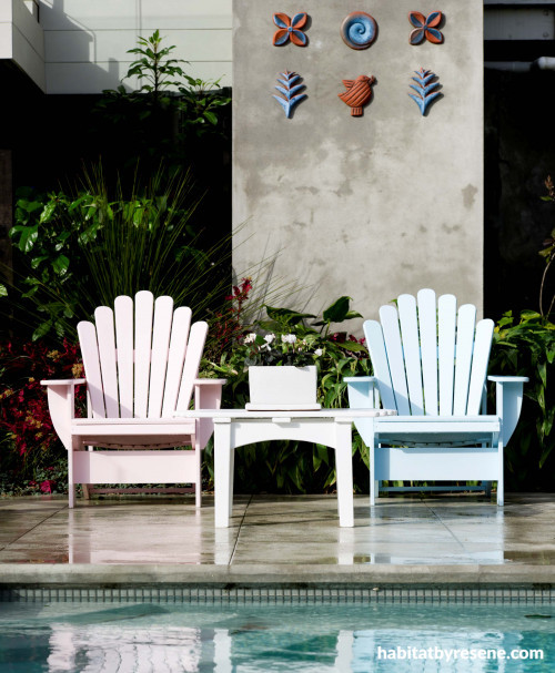 painted furniture, upcycled furniture, pool area, pink chair, blue chair, painted pool chairs