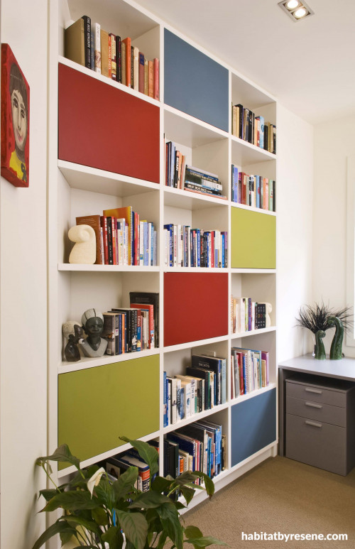 bookcase, bookshelves, cupboards, coloured bookcase, painted cupboards, coloured bookshelves
