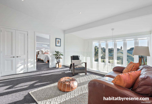 lounge, living room, white lounge, white living room, neutrals, resene alabaster, leather sofa