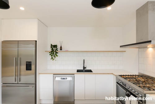 resene alabaster, white walls, scandi design, white kitchen, kitchen tiles