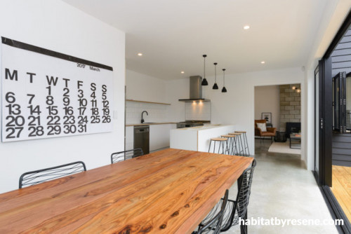 black exterior, resene black, resene alabaster, white walls, scandi design, kitchen