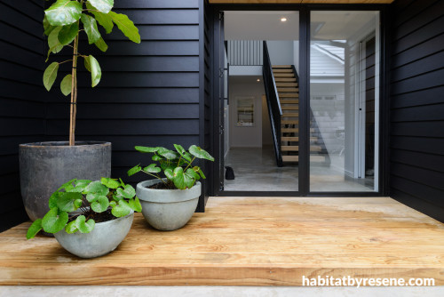 black exterior, resene black, resene alabaster, white walls, scandi design, entrance