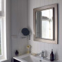 bathroom, grey ceiling, white bathroom, blue cabinet, blue and white, white and grey 