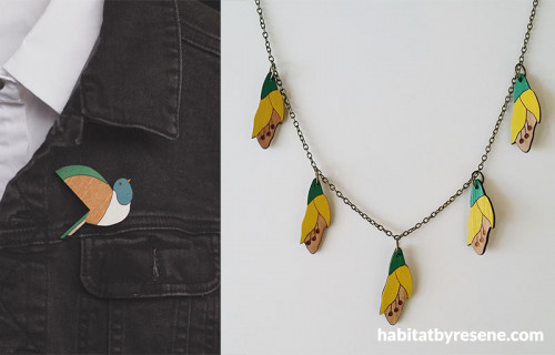 kowhai necklace, bird brooch, wooden necklace, wooden brooch, painted necklance, painted brooch