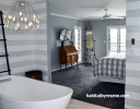 master bedroom, grey bedroom, ensuite, French country, grey bathroom, striped wallpaper 