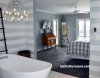 master bedroom, grey bedroom, ensuite, French country, grey bathroom, striped wallpaper 