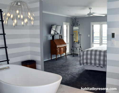 master bedroom, grey bedroom, ensuite, French country, grey bathroom, striped wallpaper