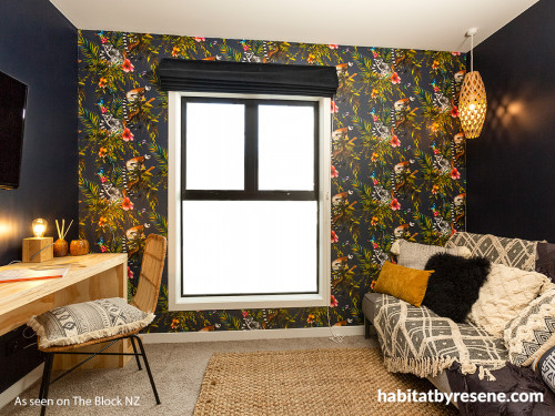 media room, sutdy, guest bedroom, feature wall, black study, wallpaper feature, lemur wallpaper