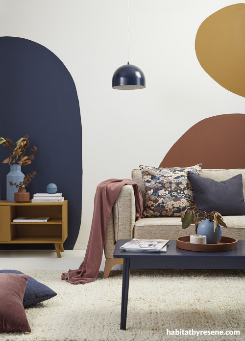 lounge, painted shapes, shapes feature wall, living room, mural feature wall, blue lounge