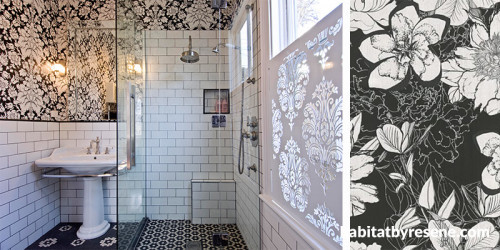 black and white bathroom, bathroom inspiration, bathroom ideas, wallpaper inspiration