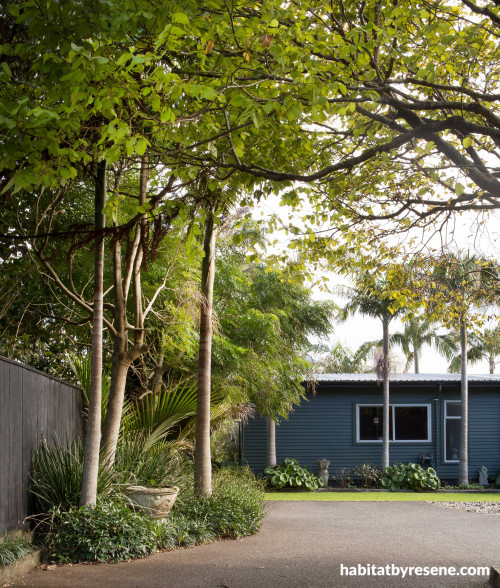 entrance, garden, tree lined entranced, grey house, grey exterior, blue house, blue exterior