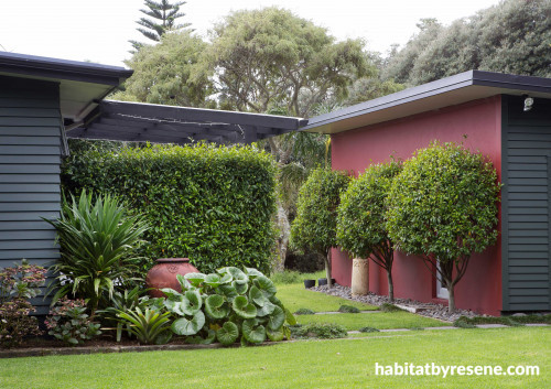 garden, house exterior, red exterior, grey exterior, grey house, red feature wall, house garden