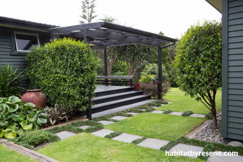 house exterior, grey house, garden, deck, house garden, garden path, painted weatherboards