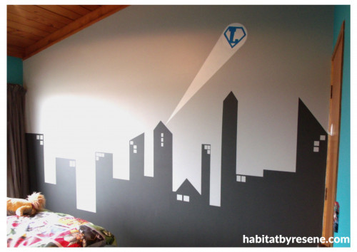 kid's bedroom, children's bedroom, feature wall, black and white paint, superhero wall, interior