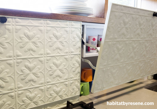 kitchen cupboards, painted pressed metal, upcycle