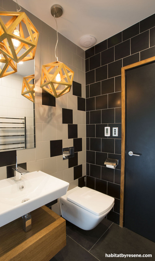 black and white bathroom, black paint, black door, bathroom inspiration