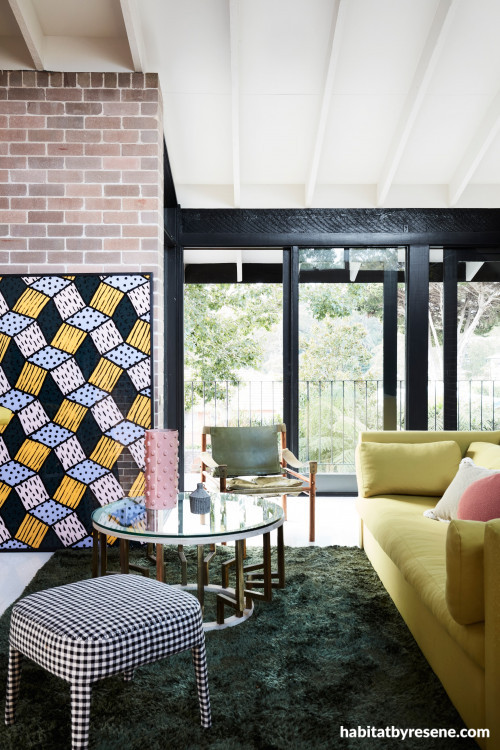 lounge, living room, brick interior, black and white, black trim