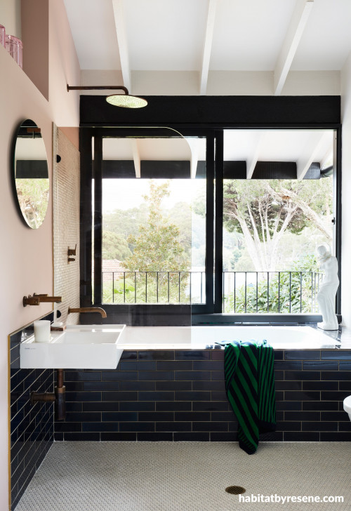 bathroom, black and white bathroom, pink bathroom, black tiles, black bathroom 