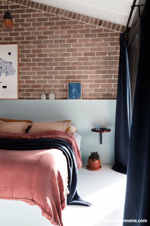 bedroom, feature wall, brick feature wall, brick interior, white bedroom, dusky pink