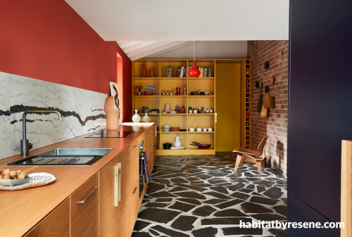 kitchen, red kitchen, yellow kitchen, brick interior, floor ideas, marble splashback