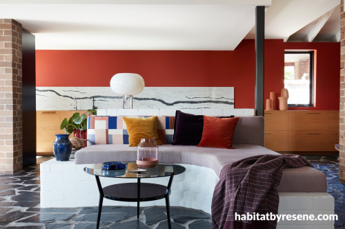 living room, kitchen, lounge, red lounge, red living room, colourful lounge