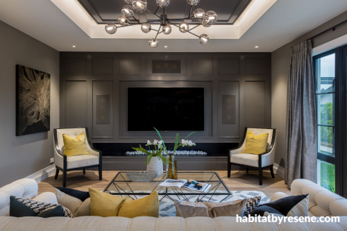 lounge, home cinema, tv room, living area, grey interior, grey feature wall, batten feature wall