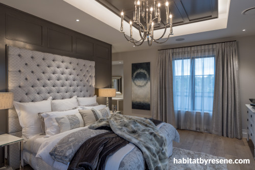 master bedroom, neutral bedroom, neutral master bedroom, grey feature wall, grey bedroom
