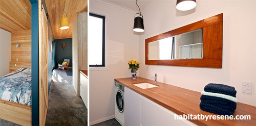 contemporary bach, modern cabin, contemporary cabin, modern cabin bathroom, new zealand cabin