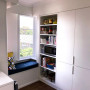 window seat, kitchen, kitchen window seat, white cabinetry, white kitchen, navy and blue 