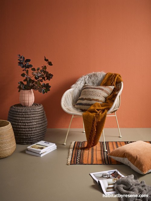 Occasional chair, warm oranges, natural fibres, rug, reading corner, Resene