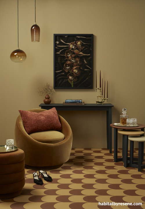 Nesting tables, light fittings, round chair, patterned floor, candles, Resene