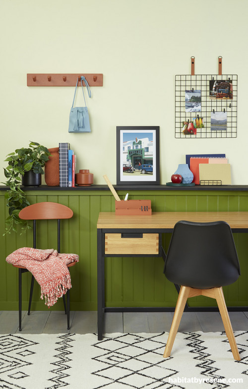tonal office, tonal desk space, green office, green desk inspiration, calming desk space, Resene