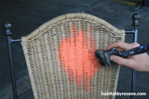 wicker chair makeover, diy, orange chair, orange paint, Resene Flamingo